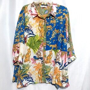 Rose + Olive Womens 2X Tropical Cheetah Paisley Mixed Print Button Up Blouse